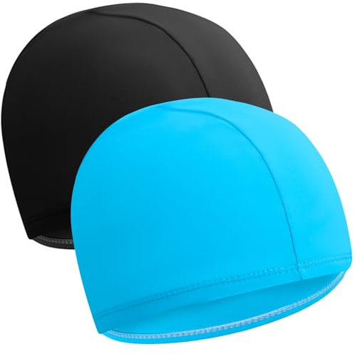Halinuia 2 Pcs Bonnet de Bain Piscine, Enfants Adulte Bonnet de Bain Élastique Tissu Polyester Souple Bonnet de Natation (Noir, Bleu lac)