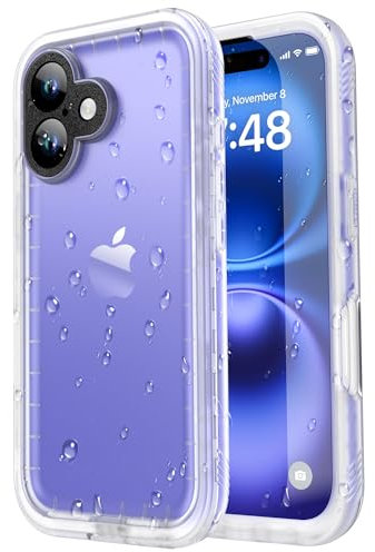 SPORTLINK Cover per iPhone 16 Impermeabile - 360 Gradi Integrale Antiurto Resistente Case Con Cordino IP68 Waterproof Antipolvere Subacquea Custodia,Fotocamera/Schermo Protezione,Trasparente Satinato
