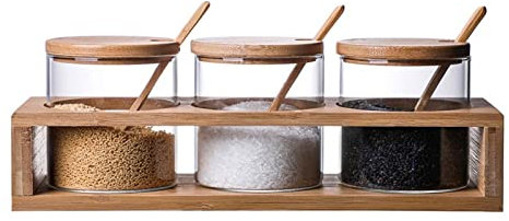 NEBE Spice Jars Spice Racks Simple Transparent Glass Seasoning Jar Set With Lid Wooden Stand Salt Shaker Pepper Bottle Chili Storage Box Seasoning Containers