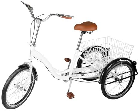 20 Zoll Dreirad für Erwachsene, 110kg Tragfähigkeit 3-Rad-Cruiser-Fahrrad Lastenfahrrad Einkaufen Dreirad Erwachsenendreirad, Single-Speed Schaltung Fahrrad mit Einkaufskorb für Herren Damen (Weiß)
