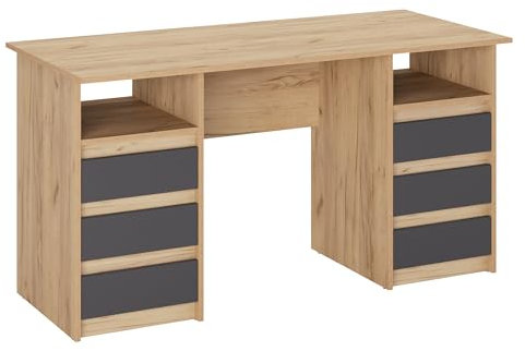 KOMTO Schreibtisch mit Schubladen - Oslo 140 x 60 x 74 cm Moderner Schreibtisch Honig Eiche/Anthrazit Bürotisch Computertisch Arbeitstisch Büro PC-Tisch Kinderschreibtisch mit Stauraum
