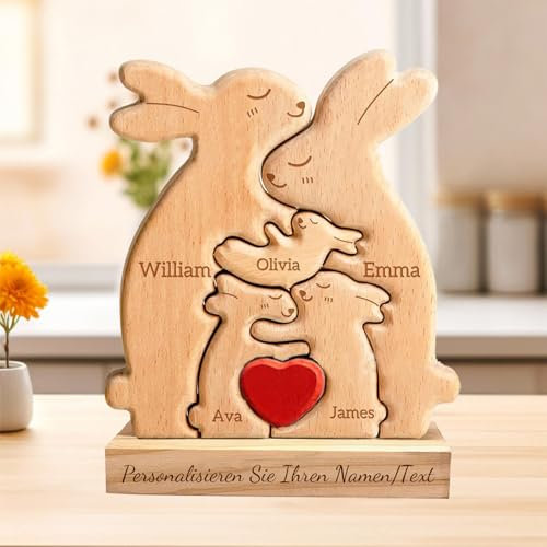 Personalisiertes Holzkunstpuzzle der Bärenfamilie mit 2-7 Namen Graviert, Skulpturen Desktop Ornament Home Tischdekoration, Geschenke für Muttertag, Vatertag, Familie, Mama, Papa (D-1)