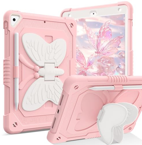 Telaso for iPad 6th 5th Generation Case, iPad 9.7 inch (2018/2017) for Kids, iPad Air 2, iPad Pro 9.7 Case, Butterfly Kickstand Shockproof Protective Tablet Cover with Pencil Holder, Pink