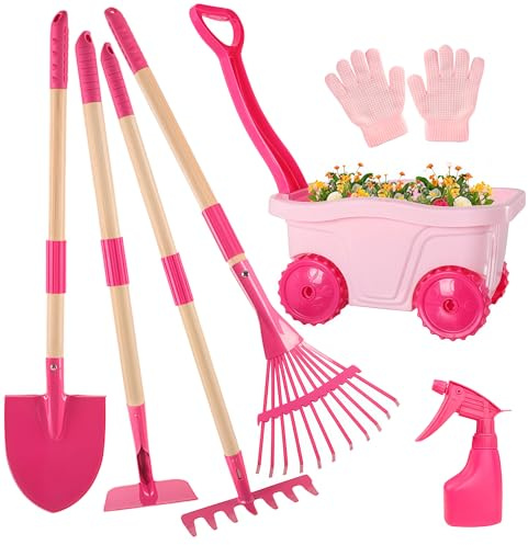 Duckura Kids Gardening Tools Set - 7pcs Wheelbarrow Set for Kids with Shovel, Rake, Leaf Rake, Summer Outdoor Yard Digging Weed Toys, Halloween Birthday Gifts for Boys Girls Age 2 3+ Years Old(Pink)