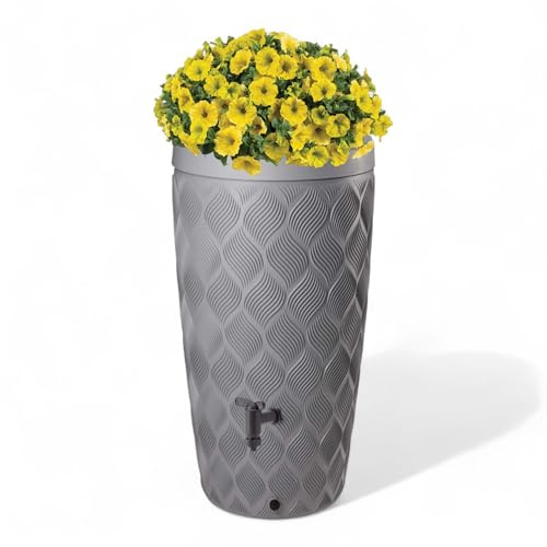 MELTOM Regenwassertank 240 L Platin Wellen-Optik mit Anschluss-Set | 240 Liter · Ø 59,5 cm oben / Ø 44,5 cm unten, Höhe 112 cm · Pflanzdeckel · Wasserhahn · UV-beständig · winterhart