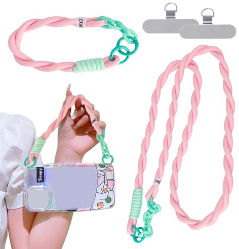 Bztzhm Lot de 2 chaînes de téléphone portable universelles tressées de couleurs contrastées et bracelets, avec 4 supports de cordon en acier inoxydable pour la parentalité, les vacances, l'extérieur