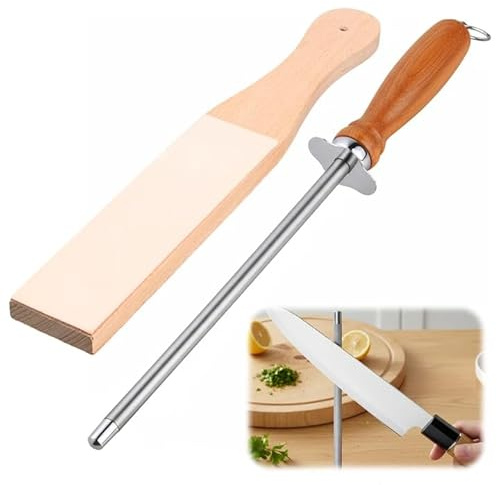 Aurafly Affilacoltelli Asta Professionale con Piastra di Affiliazione Affila Coltelli in Acciaio per Affilatura Grossolana e Fine Lunghezza: 18,5 cm, Impugnatura di Quercia, Colore del Legno
