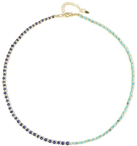 Cavill Edelstein Silberhalskette mit blauen Saphiren 8,845ct aus Madagaskar & Türkisen 2,993ct USA, vergoldetes 925er Sterlingsilber, elegante 45-50cm Schmuck Halskette