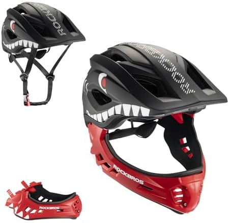 ROCKBROS Casco Integrale Bici Bambino con Mento Staccabile, Caschetto MTB per Bambini Ragazzi Bimbi Protezione Sicurezza per Bicicletta BMX Skateboard Scooter, Regolabile M 54-58cm, Nero e Rosso