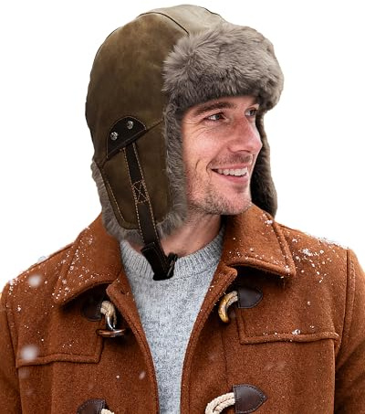 Clakllie Wasserdicht Kunstleder Fliegermütze Trappermütze Vintage Wintermütze mit Ohrenklappen Warme Fellmütze Unisex Bomber Hut Russenmütze,PL2508-Olive Brown