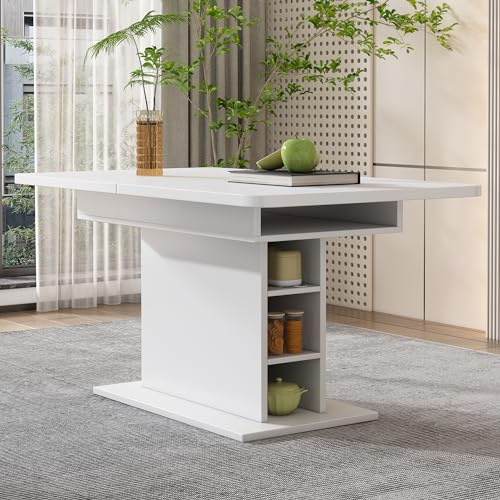A ALFRESCOOL Esstisch Ausziehbar, Küchentisch mit Stauraum, Esszimmertisch, Esszimmertische, Kaffee-Freizeittisch, Einfacher Esstisch aus Eisen, Platzsparender Multifunktionaler Küchentisch(Weiß)