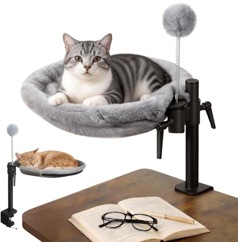 Skylos Cat Desk Bed, 360° Rotating Desk Cat Hammock with Clamp-On Attachment, Space-Saving Height Adjustable Cats Bed with Washable All-Season Cushion for Home Office, Supports Up to 21kg