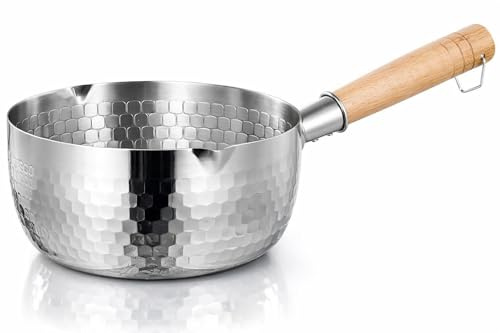 Yukihira Stainless Steel Saucepan with Wooden Handle 18cm, Japanese Milk Pan with Dual Pour Spouts, Hammered Cooking Pot for Soup, Sauces, Noodles and Milk, Induction Compatible Kitchen Cookware