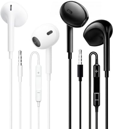 JYmusic 2 Pack Ecouteurs Filaire,Ecouteur Filaire Prise Jack,Ecouteurs Intra-Auriculaires Anti-Bruit Stéréo Jack 3.5mm (Noir + Blanc)