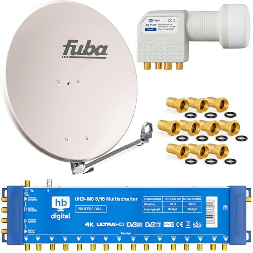 HB-DIGITAL Profi-Sat-Anlage: Fuba 80cm Satellitenantenne DAL 800G hellgrau Aluminium Reflektor 5/16 Multischalter (1 Satellit / 16 Teilnehmer Multiswitch) + UHD Quattro LNB + vergoldete F-Stecker
