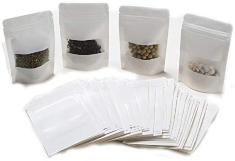 Gewürztüten | FVCENT 100 Stück Wiederverwendbar Papier Druckverschlussbeutel Food Storage Stand Up Pouch für Getrocknete Früchte Kaffee Samen Bean Tee Leaf (Weiss)
