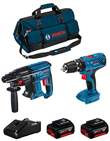 BOSCH Kit 18V BK206BAG (Martello Perforatore GBH 18V-21 + Trapano a Percussione GSB 18V-21 + 2 Batterie di 4,0 Ah + Caricabatterie + Borsa)