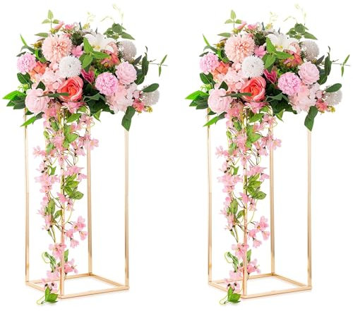 Inweder Centrotavola Nozze Stand Fiori Oro - 2 Pezzi Vasi a Colonna in Metallo Vaso da Pavimento Alto 60cm Vasi Rettangolari Centrotavola Portafiori Geometrici Centrotavola Feste Decorazioni Casa