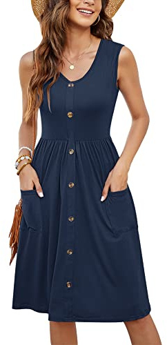 MOLERANI Robe d'été Femme sans Manches Col V Midi avec Poches | Col en V, boutons décoratifs, silhouette trapèze facile à vivre avec poches avant spacieuses pour les jours de vacances et