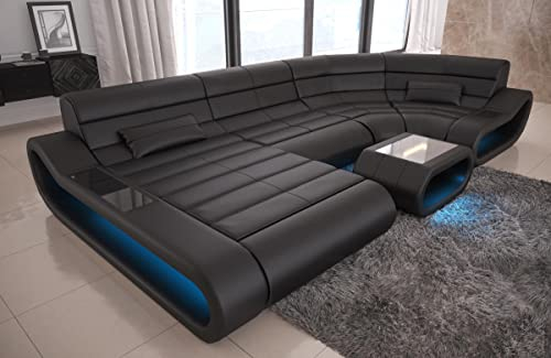 Wohnlandschaft Concept U Form Sofa in Leder - mit LED Beleuchtung, ergonomische Rückenlehnen, Recamiere/Lederfarben wählbar/Ausrichtung Ottomane wählbar (Ottomane Links, Black)