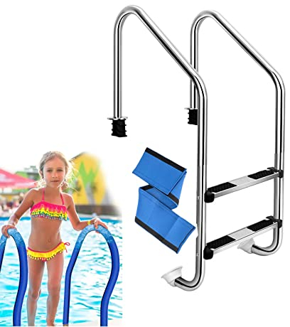 Lsoiup Poolleiter mit Blauer Griffabdeckung, rutschfesten Trittstufen, stabile Schwimmbeckenstufe für Pools im Boden, 200 kg Tragkraft