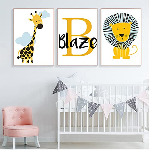 Leinwanddruck Giraffe Lion Baby Animal Poster Boy'S Custom Name Leinwanddruck Kinderzimmer Wandkunst Gemälde Nordic Baby Room Picture Wall Decor 40x50cm