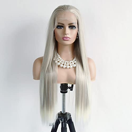 Greenmirr Long Straight Ombre Platinum Blonde Lace Front Perücke 26in 13x3 Lace Heated Synthetic Fiber Replacement Hair for Daily Party