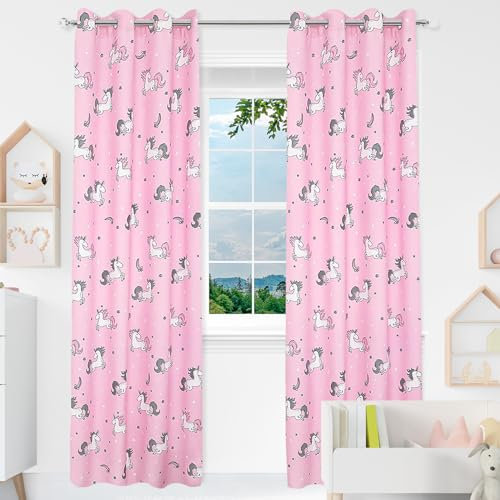 BOD HOME 2 Stück Kindervorhang Blickdicht, 140x260 cm BxH, Kindervorhang Polyester Kinderzimmer Jungen & Mädchen, Home & Kinderzimmer Dekoration, Rosa Einhorn Design.