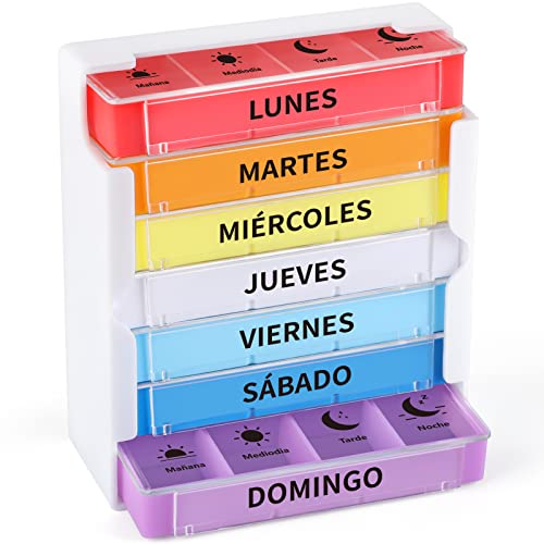 Opret Pastillero Semanal 4 Tomas Español, Pastillero Viaje con 28 Compartimentos, Pastillero Diario y Dispensador Comprimidos para Viaje