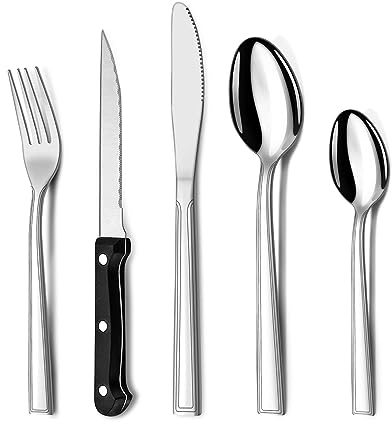 Couverts de table, Hunnycook 30 pièces Couverts avec couteau à steak, Set de couverts en acier inoxydable avec couteau fourchette cuillère pour restaurant/fête/mariage, lavable au lave-vaisselle