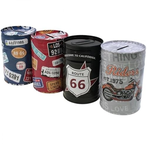 Jameitop® 4er Set Spardose 12 cm – Retro Blechdose im Route 66 Design | Nicht zu öffnen | Motorrad & US-Nummernschild Motive | Perfekt zum Sparen & Dekorieren