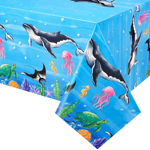 WERNNSAI Tischdecke für Meerespartys – 1 Stück 137 x 274 cm mit Meerestieren Party Dekoration unter dem Meer Tischdecke aus für Kinder Jungen Meeresthema Strand Geburtstagsparty Zubehör