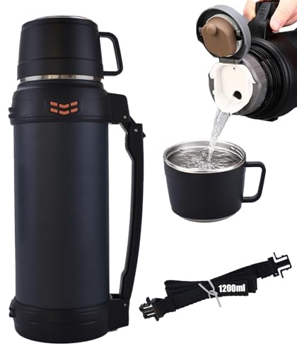 VUNKQU Stainless Steel Water Bottle, 42oz/1200ml/1.2L Insulated Water Bottles with Leakproof Cup Lid, Metal Vacuum Flask for Hot and Cold Drink BPA-Free, Up to 24 Hours Keep Hot or Cold, Black