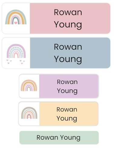 73 x Mixed Size Personalised Stick On Waterproof Washable Name Labels, Great for Clothes, Toiletries School Uniform, Water Bottles - Rainbow Love (SFP)