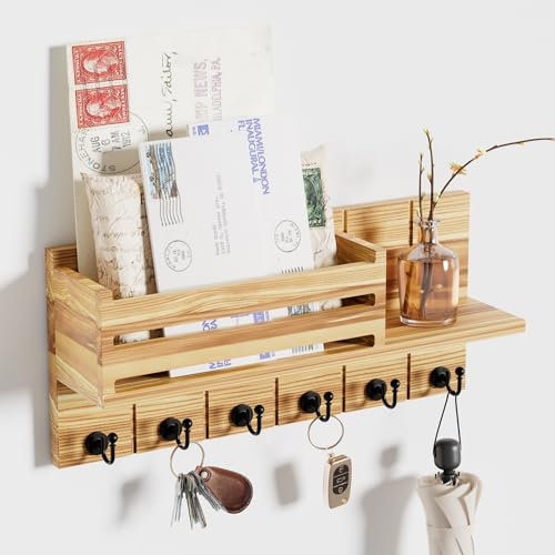 SWTYMIKI Key Holder for Wall - Key Hooks Wall Mounted with Shelf Includes Letter Holder & 6 Hooks, Key Racks with Mail Organizer, Key Hanger for Living Room, Kitchen, Office, Entryway, Bedroom(Brown)