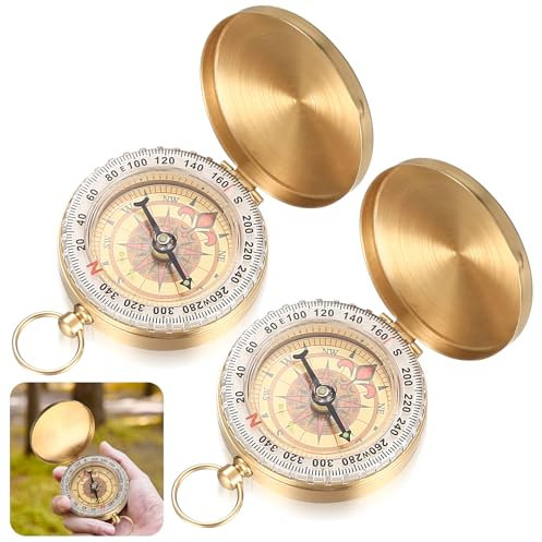 2 STK Kompass Outdoor, Portable Wasserdicht Taschenkompass, Tragbarer Messing Kompass mit Leuchtziffern für Outdoor Aktivitäten Wandern Klettern Navigation(Golden)