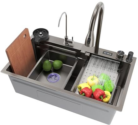SIRHONA Évier de Cuisine avec Cascade, Évier Multifonction 1 Bac en Inox 75x45 cm, Robinet Rétractable, Avec Affichage de la Température, Noir