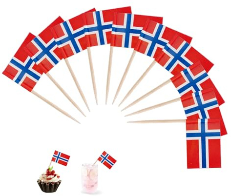 100 Stück Norwegen Zahnstocher Flaggen,Norwegen Deko Fahne Klein Mini Zahnstocher,Norwegische Dekor Cupcake Topper,Tischdeko Zahnstocher mit Fähnchen,Cocktail Stick Flaggen für Party Pub,EM,Olympische
