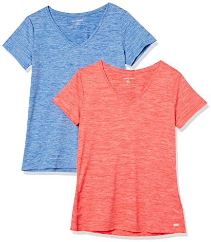 Amazon Essentials T-shirt Stretch et Quick Dry, Col en V et Manches Courtes (Disponible en Grande Taille) Femme, Lot de 2, Bleu Clair Teinture Spatiale/Orange Corail Teinture Spatiale, XXL