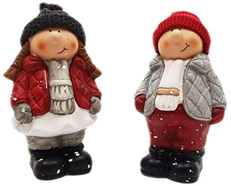 Wichtelstube-Kollektion handbemalt detailreich wetterfest Keramik Set Bunt Liebevoll Echte Strickmützen Handgefertigt Junge Mädchen, Weihnachtsdeko Aussen, Weihnachtsdeko Outdoor, Weihnachtsdeko Außen
