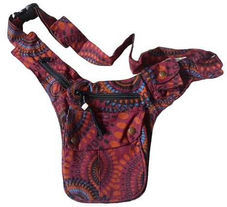 FAIR Trade Boho Cotton Print Travel 7 Pocket Passport Bag Utility Hip Money Belt (Burgundy Print)
