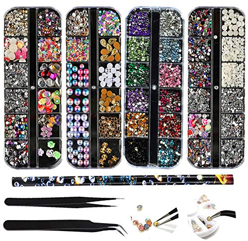 4 Boxes Nail Art Kit Nail Rhinestones Set with 2 Tweezers Picker, Wax Dotting Pen, Deco Diamonds Crystals Beads Gems Mixed Colorful Gold Metal Studs Sizes,for Women,Girls,Beginners with Storage Bag