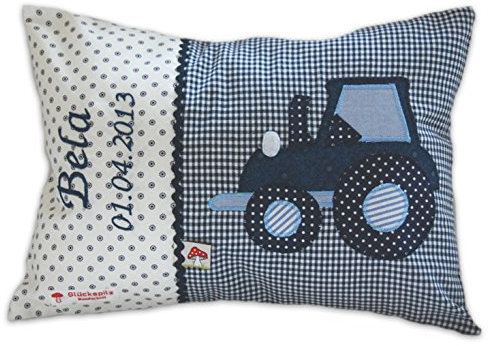 Glückspilz Namenskissen Babykissen I Traktor Trecker I Dekokissen Kind mit Namen Bestickt personalisiert I Blau I 40 x 60 cm