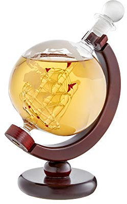 AMAVEL Dekanter für Whisky im Globus Look mit Schiff, luftdichtem Verschluss und Weltkarten Motiv, Füllmenge 650 ml