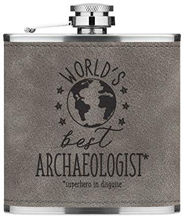 World's Best Archaeologist 6oz PU Leather Hip Flask Grey Luxe
