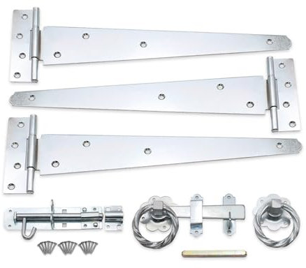 Infinity Decor 14” (350mm) Tee Hinges (3) with Twisted Ring Latch and Brenton Bolt Wooden Gate Ironmongery Kit Zinc for Shed Door Garage Gate