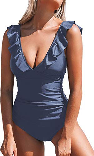 CUPSHE Damen Einteiler Badeanzug Rüschen V Neck Monokinis Blumenmuster Raffung Bauchweg Einteilige Bademode Swimsuit Dunkelblau S