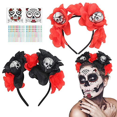 N/A/A CHALA Dia De Los Muertos Kostüm Damen Tag Der Toten Haarreif mexikanischen Stirnband Karneval Blumen Kronen Rosa Haarschmuck Halloween Temporäre Gesicht Tattoos für Karneval Fasching Mottoparty