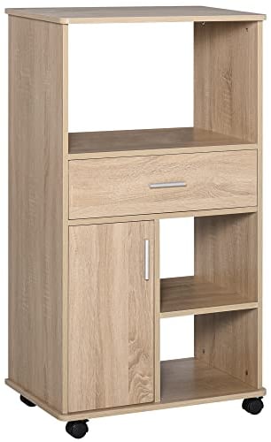 HOMCOM Carro de Cocina para Microondas Aparador de Almacenaje con 4 Ruedas y Frenos Cajón Estantes Abiertos Compartimento con Puerta 60x40x108 cm Roble