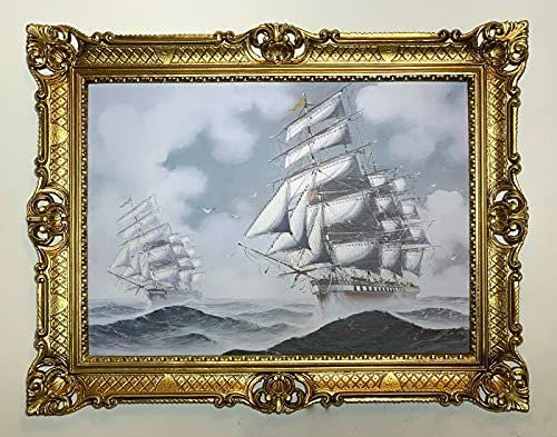 artissimo Bild mit Goldener Rahmen Segelschiffbilder Gemälde Segelschiff Antik Schiff auf dem Meer Wandkunst 90x70 Wandbild Antik Gemälde Kunstdruckbild